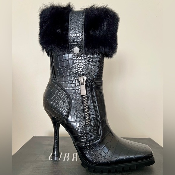 Current Mood Shoes - NIB Dolls Kill Current Mood Call The Shots Vegan Croc-Embossed Heeled Boots Blk